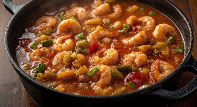 Close up view of shrimp gumbo stew bubbling in black pot with fresh colorful ingredients and copy space on dark surface