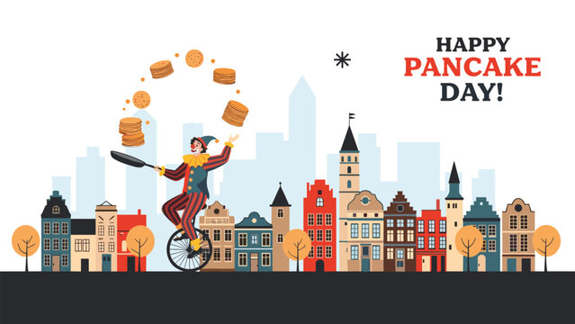 Juggling clown on a unicycle tossing many pancakes over a colorful European city skyline for Happy Pancake Day.