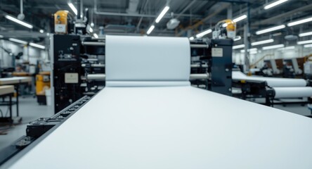 Factory setup showing large offset press printing long paper sheets