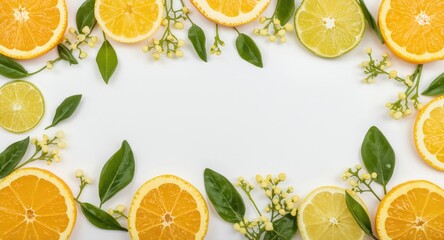 Citrus fruit segments leaves and flower buds arranged as flat lay on white backdrop copy space
