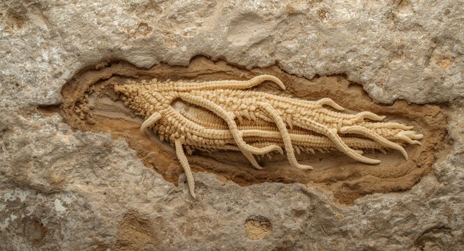 Ancient nummulite fossil of single celled organism in textured Palaeogene limestone with copy space