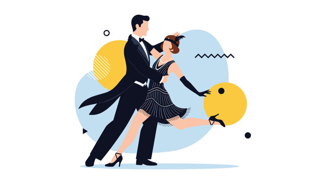 Elegant couple dressed in 1920s fashion performing a swing dance against a modern geometric background design.