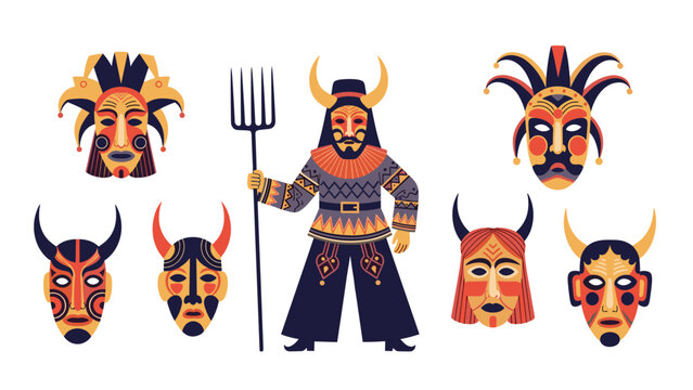 Character in a horned mask and traditional folk costume surrounded by various cultural festival mask designs.