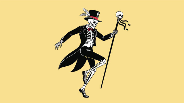 Joyful skeleton wearing a top hat and formal suit dancing while holding a ceremonial staff decorated with a small skull ornament.