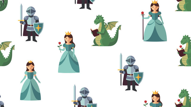Whimsical repeated pattern featuring brave knights with shields princesses in gowns and friendly green dragons reading books.