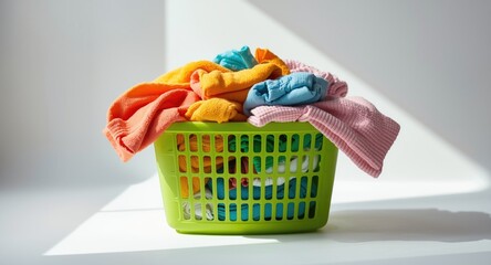 Colorful fabric pieces heaped in a green plastic basket displayed on a white backdrop illustrating everyday laundry necessities
