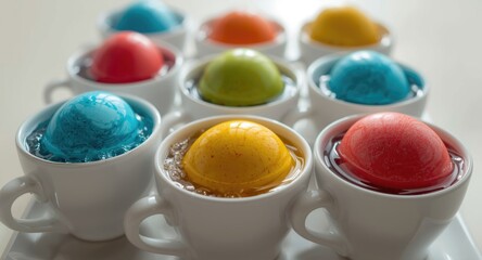 Dyeing process of large vibrant eggs in cups photographed from aerial perspective