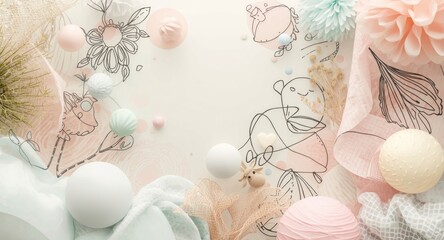 Abstract fantasy background with hand drawn doodles and modern 2D cartoon shapes in pastel tones