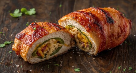 Chicken breast wrapped in smoked bacon stuffed with spicy jalapeno poppers