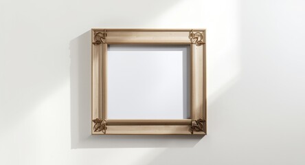 Beige natural rectangle picture frame with metal art embellishments displayed on white wall