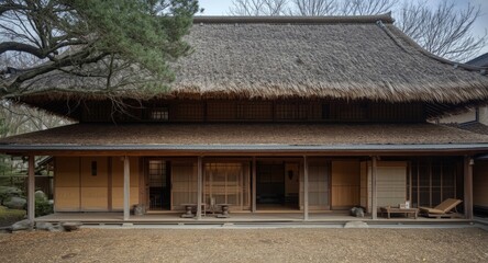 Historic Japanese residence with a thick thatched roof and tatami interiors