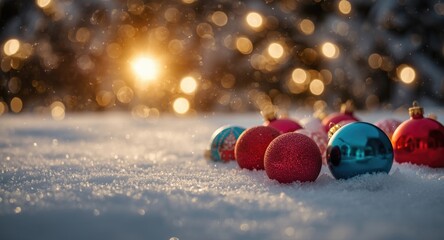 Bright festive ornaments resting on a snowy ground with holiday bokeh lighting and copy space