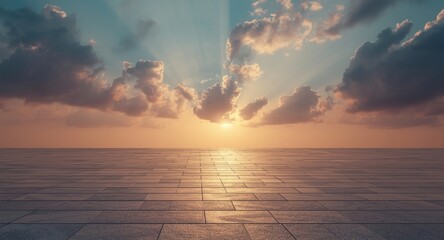 Golden hour clouds casting light on a square checkered floor design