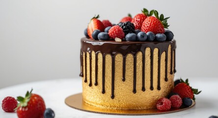 Birthday cake featuring golden edible paint design with dark chocolate drips and fresh fruit accents