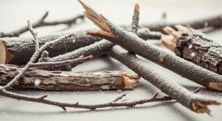 Fototapeta premium Broken branches covered in snow evoke a sense of winter's quiet solitude and natural decay.
