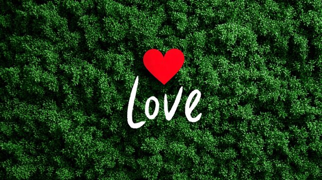 red heart and love lettering on lush green foliage background with natural texture and wide copy space, romantic spring valentine concept for sustainable branding and design