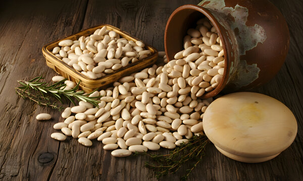 Bodeg&oacute;n r&uacute;stico de alubias blancas secas con olla de barro y romero sobre madera denominaci&oacute;n de origen Espa&ntilde;a