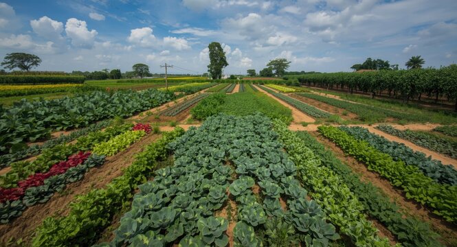 Birds eye view of farmland with assorted vegetable beds