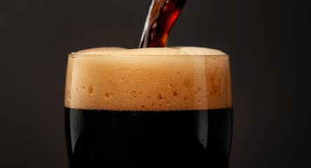 Close up of dark stout beer pouring into glass with creamy foam