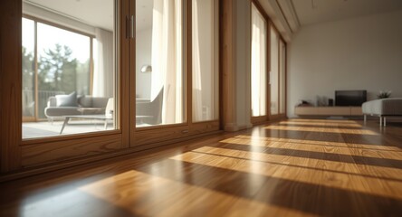 Obraz premium Clear living room without people showcasing sliding glass doors and floor on right side