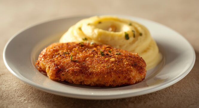 Classic fried meat cutlet with golden crust served alongside mashed potatoes