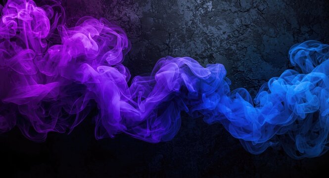 Futuristic swirling neon smoke of purple and blue colors on a rugged dark textured background
