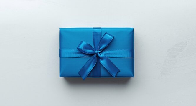Flat overhead shot of a blue gift package on a white smooth texture with copy space