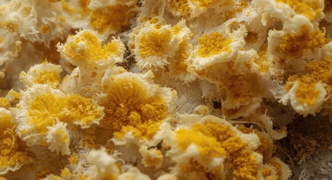 Detailed macro photo of vibrant yellow and white mold spores illuminated to show texture