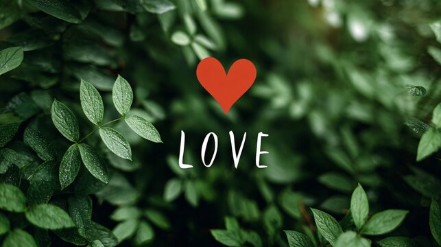 hanging red heart and handwritten love text on soft green leaf background with natural bokeh and generous copy space conveying romantic emotion, calm nature mood and organic design