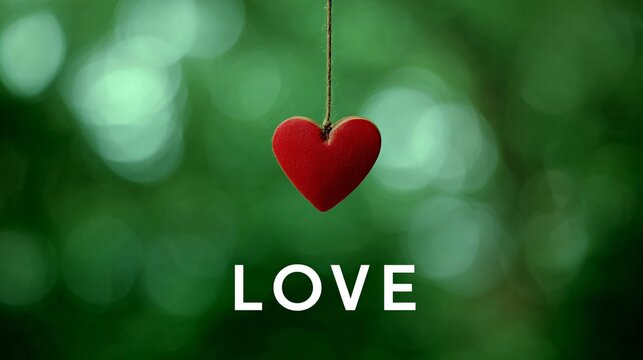 hanging red heart against soft green bokeh nature background with generous copy space expressing romantic valentine season emotion, calm love symbolism and elegant natural atmosphere