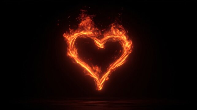 fiery heart formed by swirling flames on deep black background with free copy space, dramatic fire illustration showcasing intense heat, motion, energy and powerful visual impact