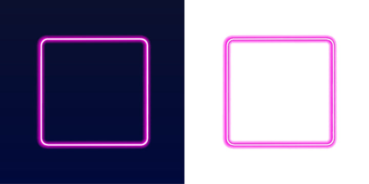 Glowing pink neon square frame isolated on black background. Futuristic geometric light border with minimal style. Bright luminous design element PNG.
