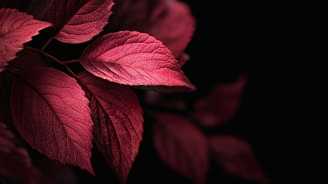 deep red plant leaves illuminated against black background with rich texture and dramatic lighting, botanical close up showcasing natural patterns, seasonal foliage and elegant copy space