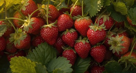 Juicy ripe strawberries densely packed on a bush with vibrant red fruit and fresh green leaves