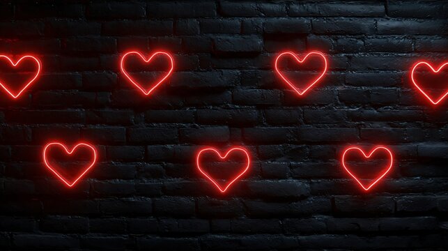 glowing red neon heart outlines arranged on dark brick wall with free copy space, modern romantic valentine background expressing love emotion, urban night aesthetic and dramatic light contrast