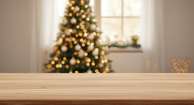 Bare table area near a blurred window ledge and seasonal Christmas tree decor