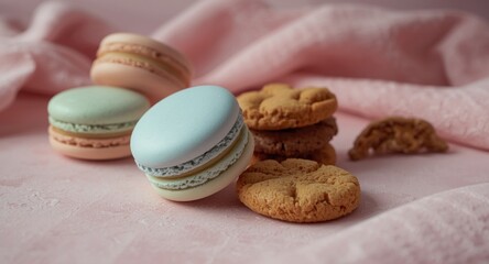 Obraz premium Colorful pastel macarons paired with almond cookies on a soft pink vintage themed backdrop
