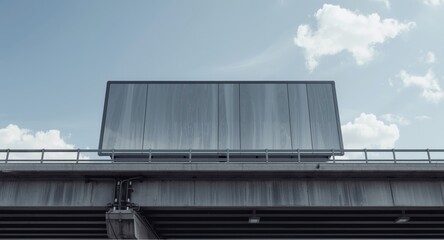 Obraz premium Horizontal advertising billboard standing on metal pole below bridge structure with empty copy space