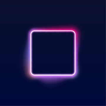 Pink and violet neon square frame with radiant glowing gradient. Isolated on dark background for futuristic posters and banners. Vector luminous design.