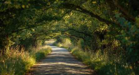 A winding country lane shaded by a verdant canopy of branches