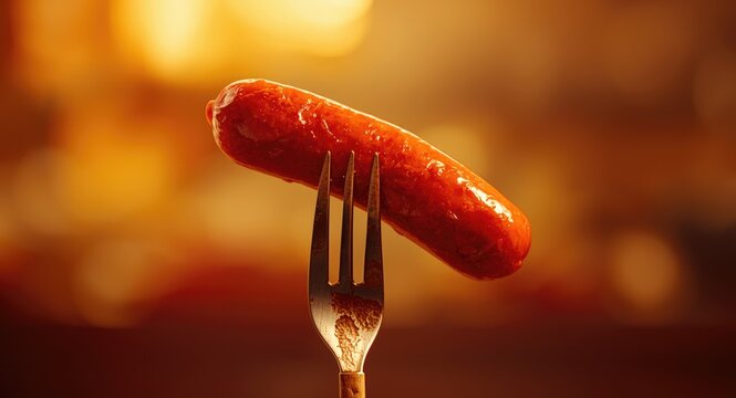 Bright flat illustration featuring a sausage impaled on a kitchen fork