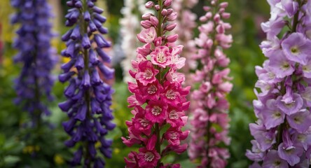 Obraz premium Close perspective on colorful Larkspur flowers alongside purple blue and pink Delphinium varieties blooming in garden setting