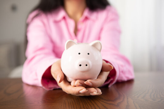 female hands with piggy bank