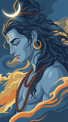 Serene mahadev side profile illustration with flowing hair divine calm hindu devotion spiritual art maha shivratri meditation scene cosmic energy peaceful background night temple aura