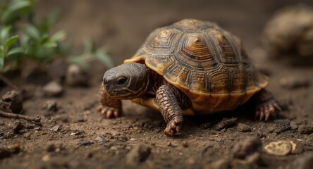 Obraz premium Infant tortoise slowly exploring surroundings after birth