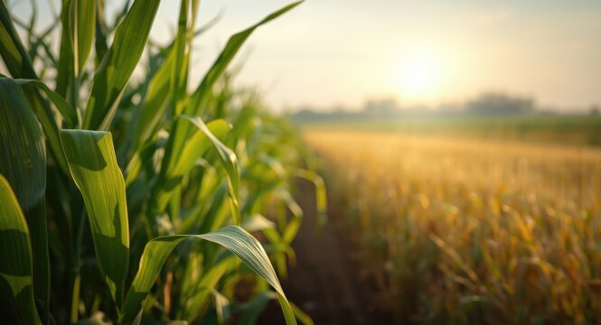 Green rural farmland scene focused on close up of corn plant leaves