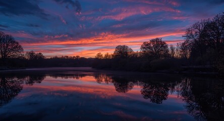 Obraz premium Gentle twilight scene showing trees and water reflections with colorful clouds