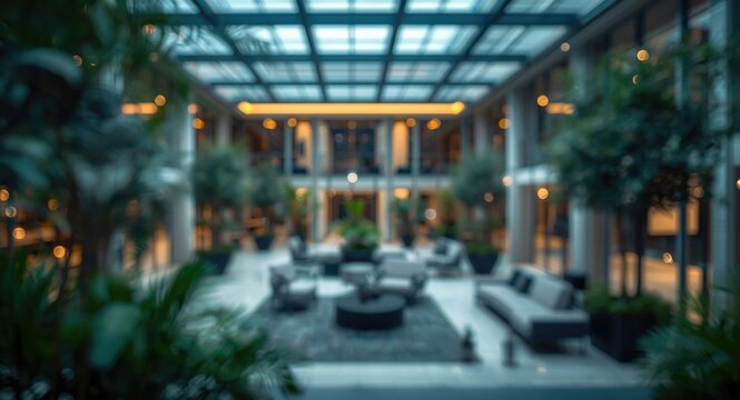 Contemporary office atrium with cool blurred bokeh lights enhancing design backgrounds