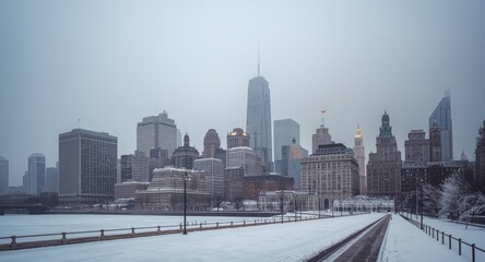 Fototapeta premium City skyline wrapped in snow during the winter season