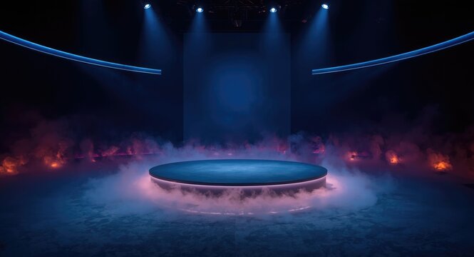 Circular platform talk show stage with mist effects and dark illuminated backdrop